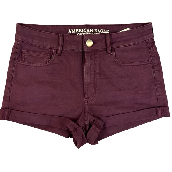 American Eagle Outfitters 8 High Rise Shortie Super Stretch Rolled Hem Burgundy - Picture 2 of 9